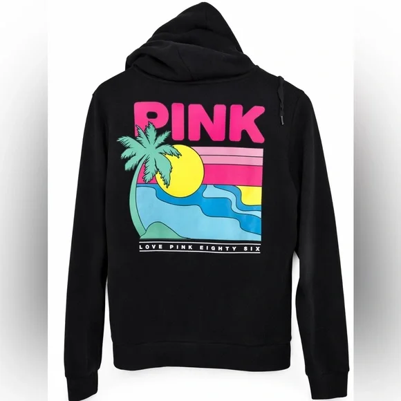 Y2k Inspired PINK Victoria's Secret Black Hoodie with Colorful Graphic - Picture 1 of 3